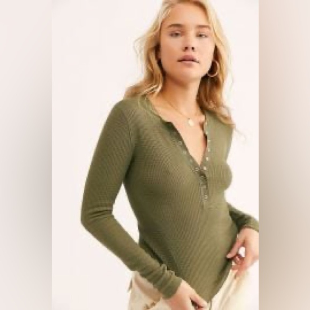 Free People One of the Girls Henley Long Sleeve Shirt - Green - Size Medium